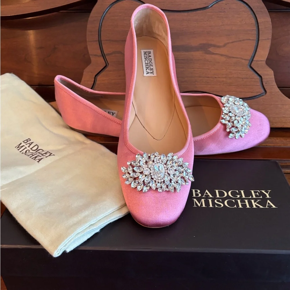 Badgley Mischka Pippa Rose Pink Satin Jeweled Ballet Flats - Picture 2 of 15